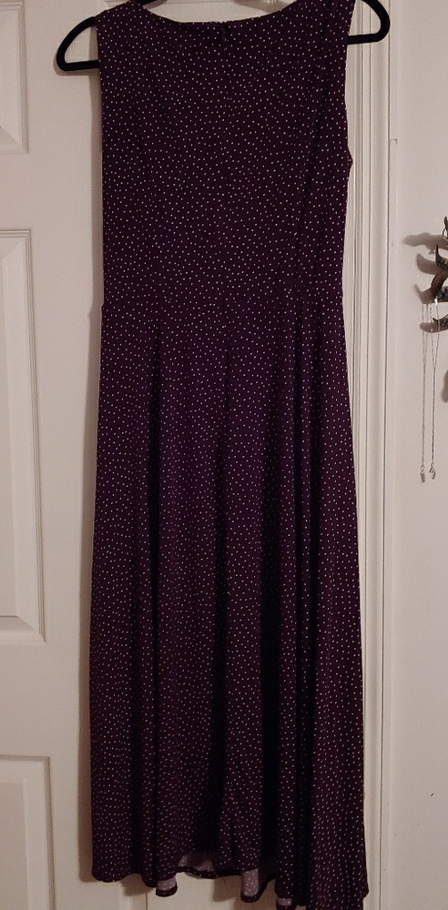 Maroon dress with small cream dots.